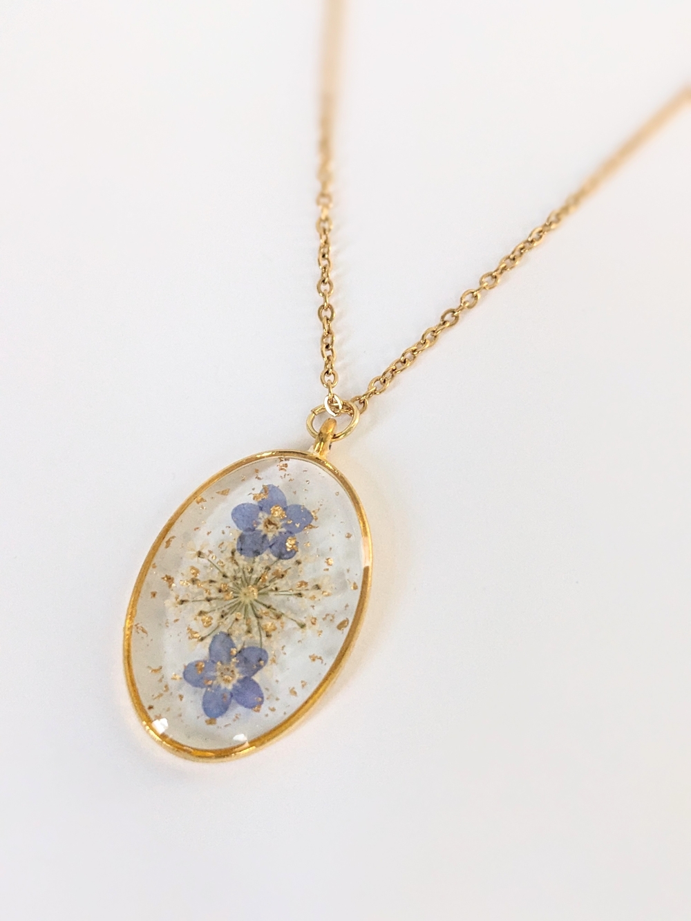 Gold Oval Blue Floral Resin Pendant Necklace